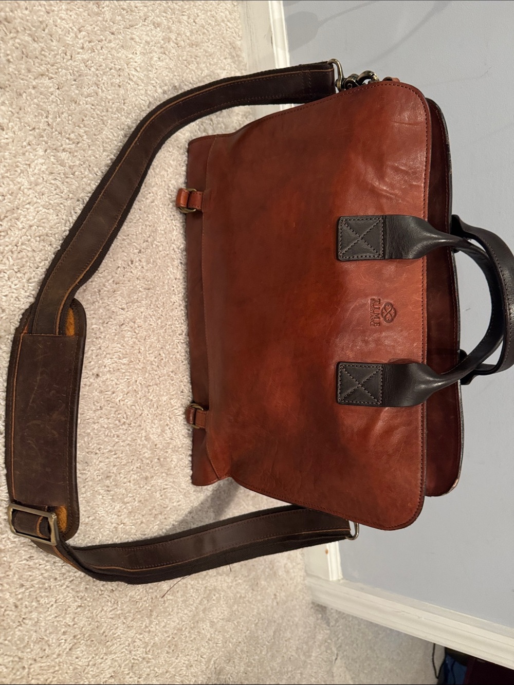 Time Resistance Premium Cognac Leather Briefcase with Dark Handles and Shoulder